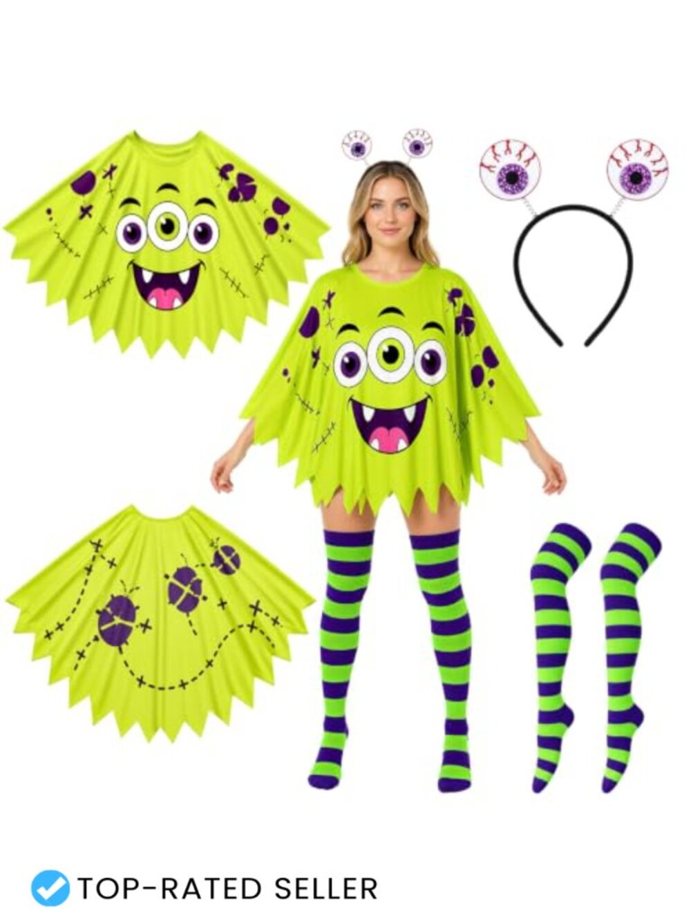 Monster Halloween Costume Set Cape Eyeball Headband Striped Socks